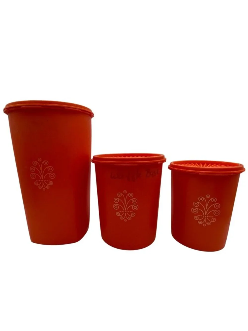 Vintage Tupperware Orange Canisters Lids Set Of 3 Nesting Floral Design Kitchen - Picture 6 of 9